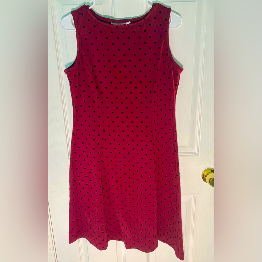 Susan Graver Maroon Dress with Velvet Black Polka Dots